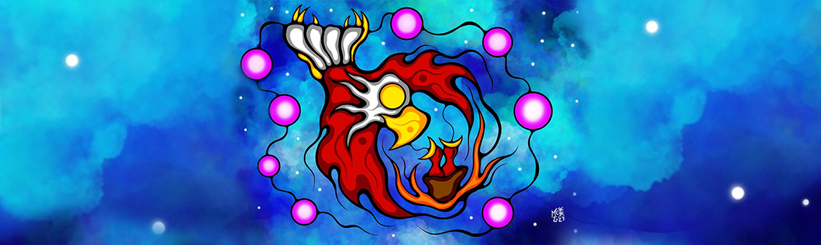Red and White mother eagle protects two chicks in a nest. Set in a sky with many hues of blue and surrounded by 8 purple orbs